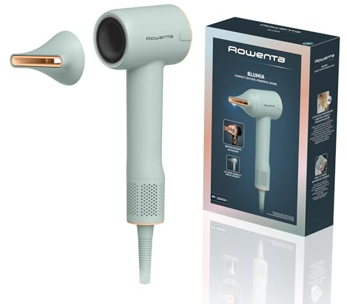 Rowenta Blumia Secador de Pelo Compacto y Ligero 350g, Motor Digital, Secado Rápido, Generador Iones, Control Inteligente 40°C, 3 temperaturas, 2 velocidades, Boquilla Magnética, Verde, HY5N12E0