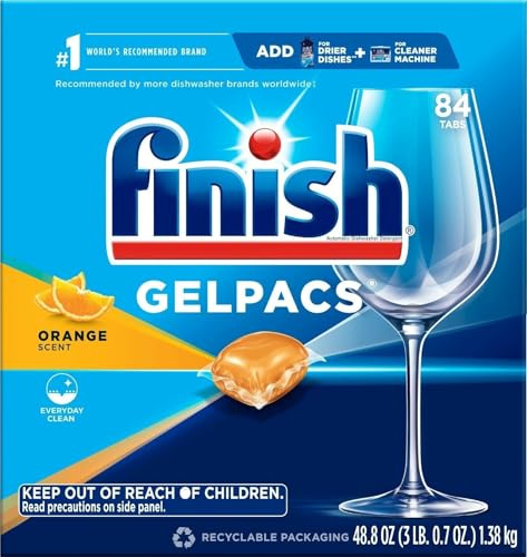 Finish Gelpacs Dishwasher Detergent Pods, Quick Dissolving Cleaning Power, Fights Grease & Dried-On Food, Easy-to-Use Pre-Measured Dishwasher Soap, Orange Scent, 84 Count