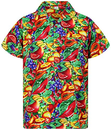 V.H.O. Läcker Hawaii-skjorta för män, kortärmad med framficka och Hawaii-tryck, frukter, tutti frutti, flerfärgad, flerfärgad, XXL