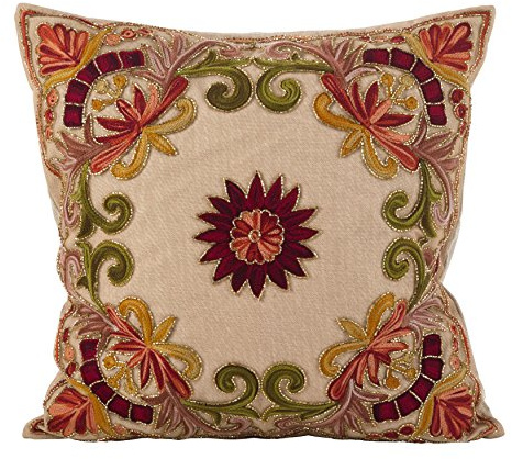 SARO LIFESTYLE Embroidered Floral Design Beaded Cotton Poly Filled Throw Pillow, 18, Multi