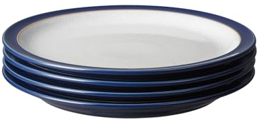 Denby - Elements Medium Dark Blue Plates Set of 4 - Dishwasher Microwave Safe Crockery 22cm - Navy Blue, White Ceramic Stoneware Tableware - Chip & Crack Resistant Lunch Plates