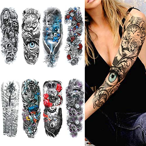 Feelairy 8 Blätter Full Arm Temporäre Tattoos - Extra Groß Vollarm Tätowierung Schwarz Klebe Aufkleber Fake Arm Tattoo Tiere Sticker Für Männer Frauen