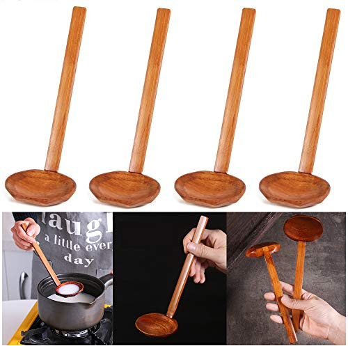 TheStriven 4 delar japansk långt handtag stor sked ramen sked träskedar sköldpadda skal sked trä ris soppa efterrätt sked kök middagsservis för att äta blanda omrörning matlagning