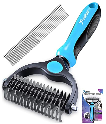 Candure Brosse Chien et Chat Professionnel Brosse Chien Poil Long Toilettage du Chien Râteau Dents à Double Face 17+9 Élimine Les Nœuds, Les Tapis et Les Cheveux Emmêlé (Azul)