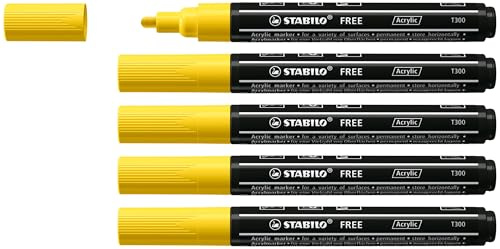 STABILO - Acrylmarker - FREE Acrylic T300 | Strichbreite 2-3 mm, 5er Pack, gelb
