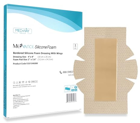 MedVance Bordered Adhesive Silicone Foam Dressing Pack of 5 - Waterproof Silicone Pad - Easy Apply & Remove Sterile Bandages - Wound Care & Dressings for Burns & More (4x8 Bandage w/Wings)