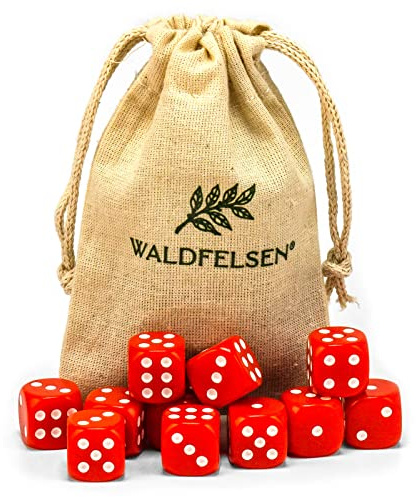 Waldfelsen 6, 12, 20, 30 oder 50 hochqualitative Würfel Standardgröße 16 mm Acrylwürfel Knobel Spielwürfel Dice 6-seitig sechsseitig Spielzubehör Set mit Stoffbeutel (Rot, 12 Stück)