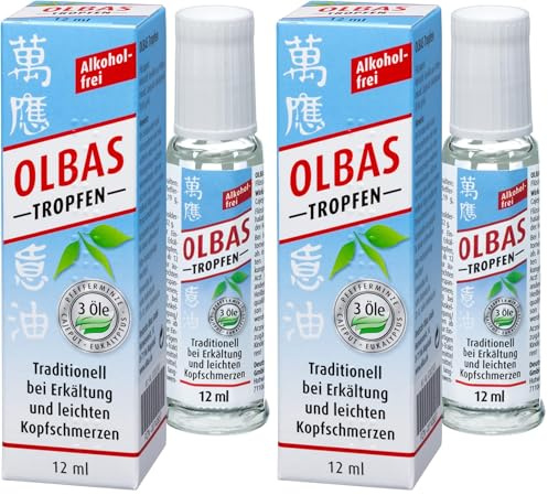 Olbas Tropfen - 1x 12 ml - zur Einnahme und Inhalation bei Erkältungskrankheit - bei Husten, Schnupfen und Heiserkeit - mit Pfefferminzöl, Cajeputöl, Eukalyptusöl - alkoholfrei (Packung mit 2)
