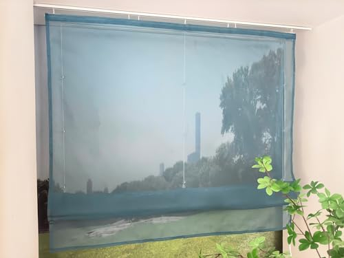 Devola Raffrollo Transparent mit Klettband Raffgardinen Modern Wohnzimmer Gardinen Einfarbig Bändchenrollo Landhaus Voile Vorhang Kurz HxB 140x60cm Türkis 1 Stück