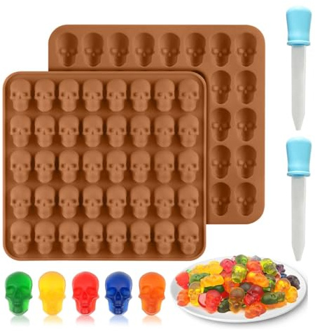 IKOPFLN 2 Packung Schädel Silikonform Mini Totenkopf Schokoladenform mit 80 Vertiefungen Halloween Form mit 2 Pipette für Schokolade Süßigkeiten Gelee