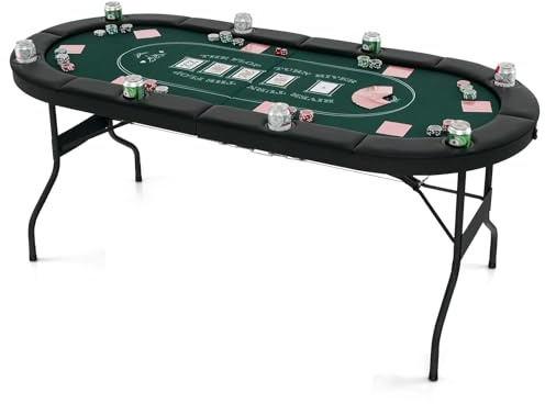 GOPLUS Mesa de Póker para 8 Jugadores, Juego de Cartas Plegable de 182 cm con 8 Portavasos de Metal, Barandas Acolchadas, Blackjack Texas Hold'em para Casa, Fiestas (Verde)