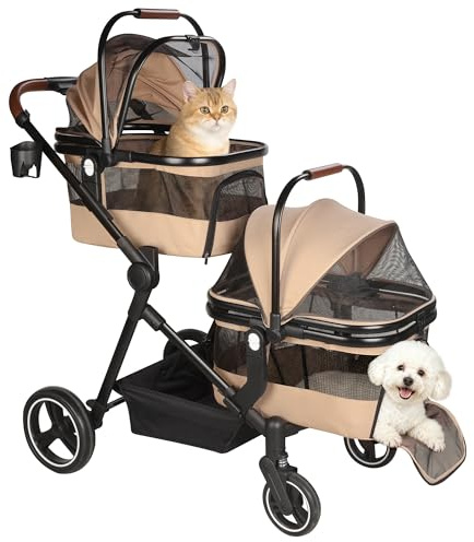 Foldable Double Pet Stroller for 2 Small Medium Cats Dogs, Lightweight Single and Double Integrated Pet Stroller with Detachable Carriers