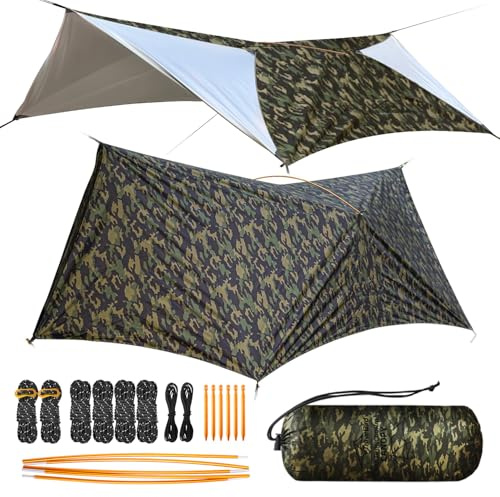 Travel Bird Tarp Campeggio, Telo Ultraleggero, Telone Antipioggia da 14ft, Tenda da Campeggio Leggera e Impermeabile con Porte, Telo Multifunzionale per Zaino in Spalla, Campeggio, Escursionismo