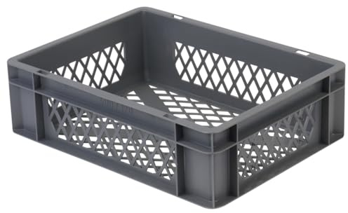 1a-TopStore Transport-Stapelkorb, Grau, Wände u. Boden durchbrochen, 400x300x120 mm, ohne Grifföffnungen, aus lebensmittelechtem PP