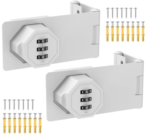 BiceNoning 90 Degree 3-Digit Combination Cabinet Lock, Zinc Alloy Keyless Folding Hasp Lock Latch, Password Security Rotary Door Latch for Office File Cabinet, Drawer, Locker, Cupboard (2, White)