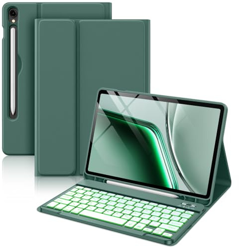 Vobafe Tastatur Hülle für Samsung Galaxy Tab S10 Lite/S10 FE/S9 FE/Tab S9 | 7-Farben Beleuchtung Keyboard Cover mit S Pen Halter & USB-C Schnellladung, QWERTZ-Layout, Kiefergrün