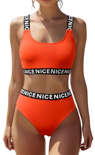 OcenaSun10 Bikini Deportivo Mujer de Cintura Alta, Conjunto de Baño Juvenil con Tirantes Elásticos, Top Sujetador y Braga Alta, Ajuste Slim, Verano Playa Piscina (naranja, 38)