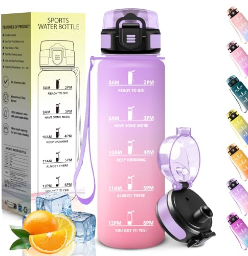 HoneyHolly Gourde 1L, sans BPA, Bouteille Sport, Marqueur Horaire, Bouteille, Étanche, Portable, Gourde Graduée pour Salle de Sport, Vélo, Bureau, Extérieur, École, Water Bottle