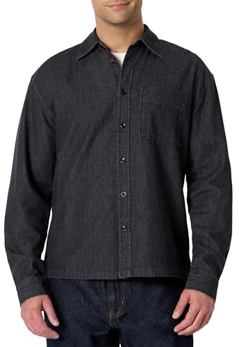 Amazon Essentials Camisa Moderna de Mezclilla con Botones y Corte Extragrande Hombre, Negro, L