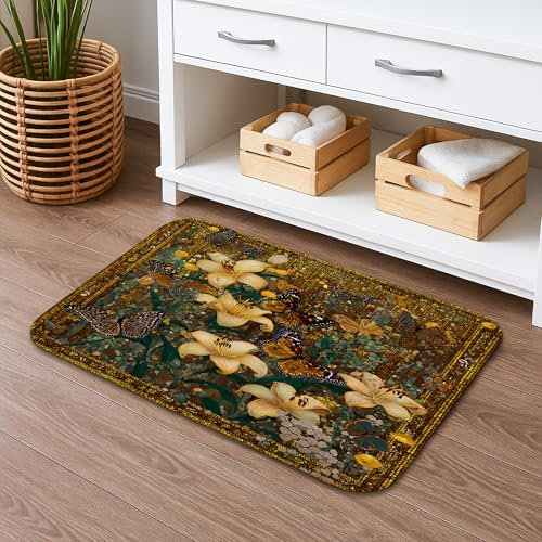 Elegante Badematte mit Blumenmuster, schnell trocknend, Vintage-Stil, gelbe Lilien und Schmetterlinge, saugfähig, rutschfest, Sommer-Memory-Schaum, waschbar, Badteppiche für Badezimmer, dekorativ