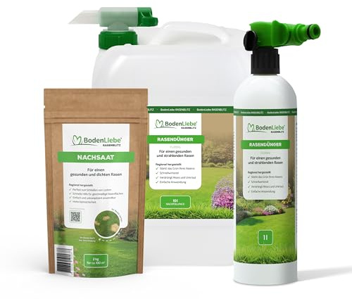 BodenLiebe Rasenretter Set RASENBLITZ 10 L Flüssigdünger | rette deinen Rasen schnell & einfach, mit Sprühflasche & 2 kg Nachsaat, sattes Grün in 1-2 Wochen, für 500-1000 m²