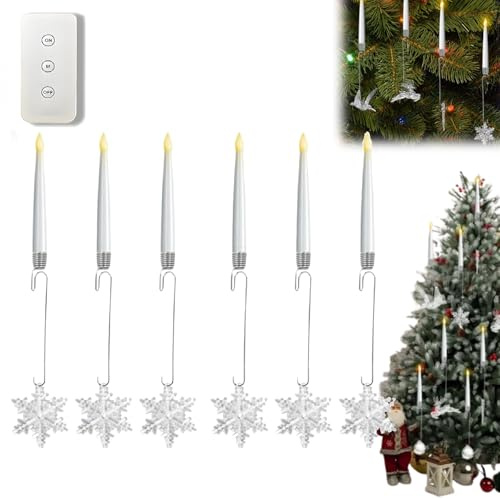 6 candele LED per albero di Natale con ganci a sfera di cristallo trasparente, candele tremolanti senza fiamma, funzionamento a batteria, luce calda per vacanze, casa e feste (fiocco di neve)