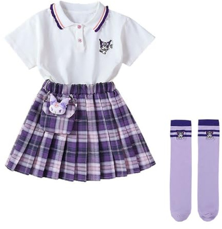 Satdflie Flickors skol JK-uniformsset, revers, kortärmad skjorta+karrigerad veckad minikjol+strumpor+myntväska 4STYK kläder, Lila, XS