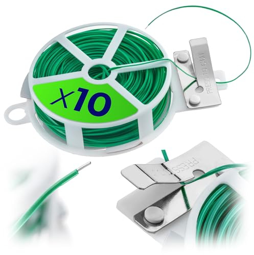 KADAX 10 x Gartendraht mit integriertem Schneider, 50 Meter, grüner Bindedraht auf Spule, Pflanzendraht zum Befestigen von Pflanzen im Garten, Blumendraht, Draht