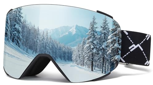 JQF Gear Gafas de Esquí Magnético,YH693C Gafas Esqui OTG para Unisex Ajustable Tamaño Anti-Niebla Protección UV Snowboard Nieve Espejo para Ski (01-Plata/Negro VLT 13%)