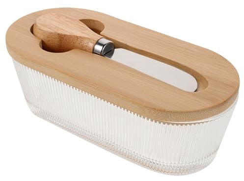 UKCOCO Beurrier En Verre Avec Couvercle En Bois Plat À Beurre De Comptoir Plat À Beurre De Rangement Avec Couteau En Verre Marron