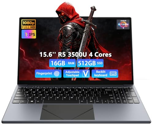 Breloom Computer portatile da gioco 2026, Computer portatile da 15,6 pollici con processore AMD Ryzen 5 3500U, DDR4 da 16 GB, SSD da 512 GB, Display FHD 1920 x 1080P (3500U-DG, 16GB+512GB)
