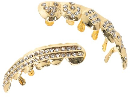 ifundom 2 Stück pack Strass Zahnschmuck Grills im Poker Design Herausnehmbar Goldfarben Unisex Hip Hop Zahnkappen für Ober und Unterkiefer Rapper Kostüm Zubehör