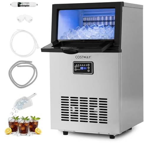 COSTWAY Commercial Ice Machine, Stainless Steel Ice Maker Machine with 15 Adjustable Thickness, Self-Cleaning Design, Digital Display & Scoop, Ice Cube Machine for Home Bar (23kg/24H,5kg Ice Storage)