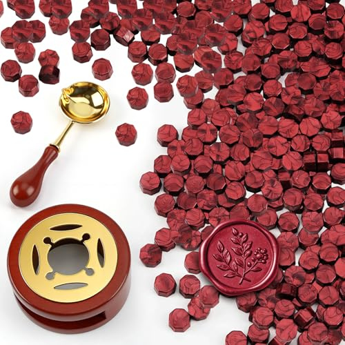 Siegelwachs Perlen Set, 300 Stück Siegelwachs Rot mit Wachssiegel Ofen und Schmelzlöffel, Achteckiges Siegellack für Stempel, Einladungen, Karten, Umschläge, Geschenkverpackungen, Hochzeit, Basteln