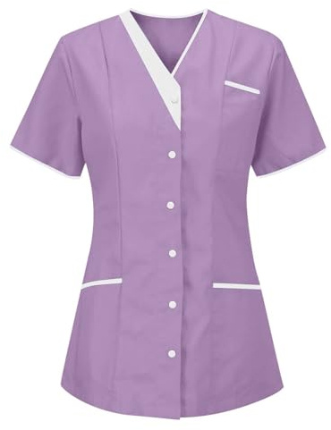 Cocila Tunique Médicale Femme Col en V Manche Courte Blouse Infirmiere Uniforme De Travail Haut Tenue Aide Soignante Professionnelle Esthéticienne Doux Confortable Vêtement Lavables Durables Violet