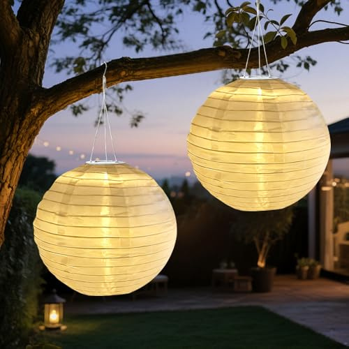 KBIBCK Solar Lampions Außen Wetterfest, 2 Stück 25 CM Hängend Nylon Solar Lampion, Solarlampen für Außen, Wasserdicht Solarlampion für Gärten, Höfen, Balkonen, Hochzeit, Fest Deko