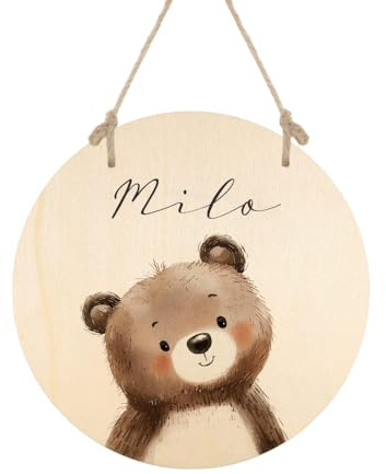 Personalisiertes Holzschild für Kinderzimmer, rund 20 cm – Türschild mit Name aus Holz zum Aufhängen – niedliche Tiermotive – Geschenk zur Geburt, Taufe, Geburtstag & Ostern (Bär)