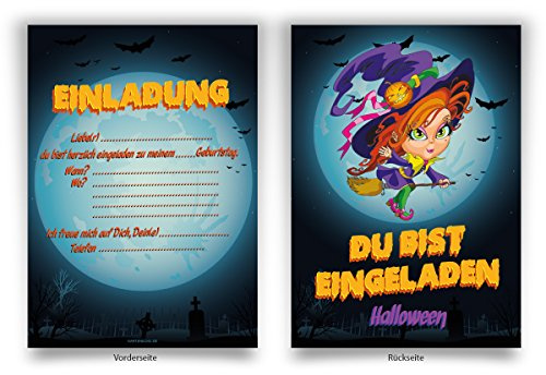 Einladungskarten (8 Stück) zum Ausfüllen für Geburtstag - „Halloween Hexe