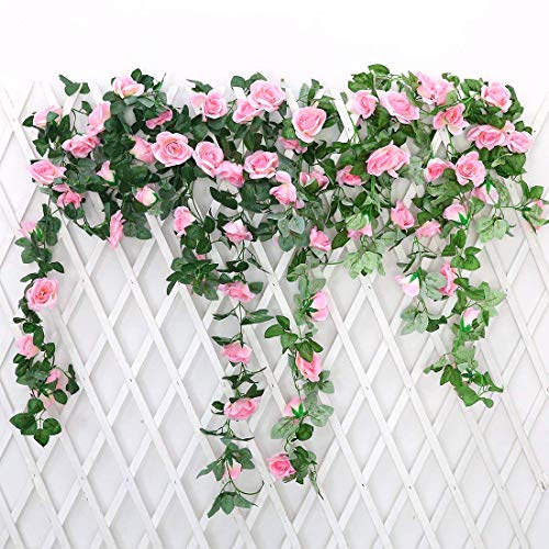 JUSTOYOU 2 Pack 7.2ft Artificial Fake Rose Garland Vines Hanging Silk Flowers for Outdoor Indoor Wedding Wall Badroom Decoration (Pink)