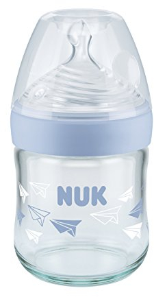 NUK Nature Sense Glass Baby Bottle, 0-6 Months, Breast-like Silicone Teat, 120 ml, Blue