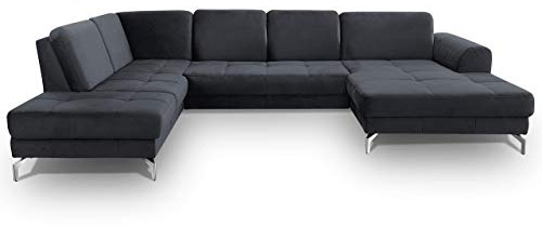 CAVADORE Wohnlandschaft Benda / Große Sofagarnitur mit XL-Longchair rechts & Federkern / Inkl. Sitztiefenverstellung / 332 x 87 x 226 / Samt: dunkelblau