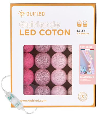 GuirLED - Lichterkette Kugeln Baumwolle - LED USB – Nachtlicht Baby 2 Stunden – Netzadapter – 3 Intensitäten – 24 Kugeln 2.4m – Prinzessin