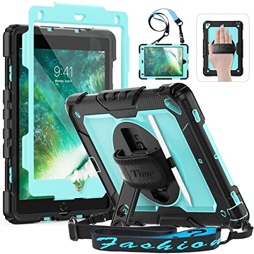 Timecity Hülle für iPad Air 2 iPad 6. / 5. Generation iPad Pro 9,7 2018/2017 Stoßfeste Schutzhülle mit Displayschutz 360°-drehbare-Ständer Stifthalter Handschlaufe Schulterrgurt - Hellblau