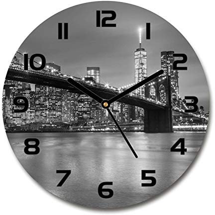 Tulup Glasuhr ⌀ 30cm - Schwarze Zeigern - Wanduhr Wandkunst Bild Gehärtetem Glas Uhr Echtglas Küche Wohnzimmer - New York bei Nacht