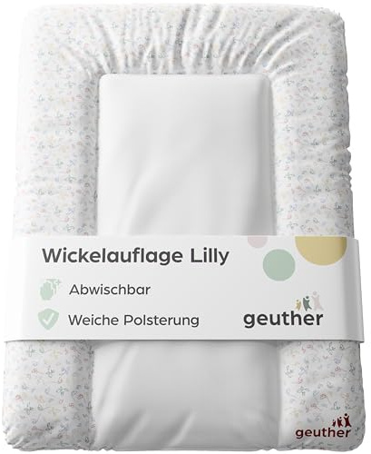Geuther Wickelauflage abwaschbar 52 x 72 cm | Wickelunterlage Lilly für Wickelregal Clarissa & andere | Erhöhter Rand & Kopfschutz für hohe Sicherheit | Wickeltischauflage | Design Soft Weiß