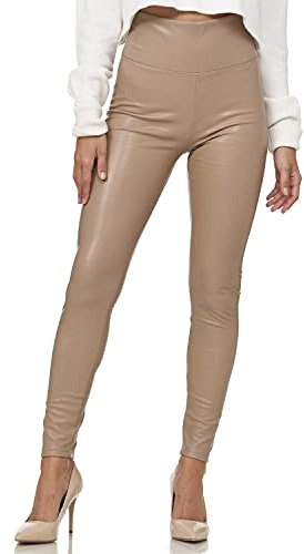 Gloop Legging en cuir synthétique pour femme - Taille haute - Collants - Treggins - Look cuir - Taille haute, Beige - Taille haute, M