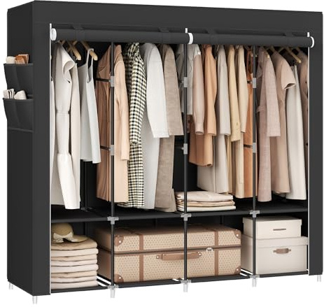 SONGMICS Portable Closet, Wardrobe Closet Organizer with Cover, 4 Hanging Rods and Shelves, 4 Side Pockets, 17.7 x 66.9 x 65.7 Inches, Large Capacity for Bedroom, Living Room, Ink Black URYG094B02