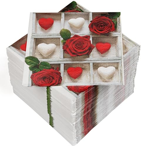 HEKU 100 Servietten, 3-lagig, 33x33cm, Rosen und Herzen I Saugstark und praktisch verpackt I Ideal für besondere Anlässe