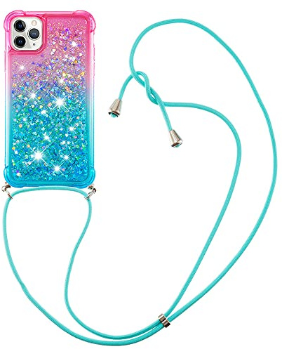Handykette Handyhülle kompatibel mit Apple iPhone 11 Pro Hülle Gradient Glitzer Flüssig Hülle mit Band Kette Schutzhülle Weiche Flexible Transparent TPU Stoßfest Case Cover(Pink Blau)