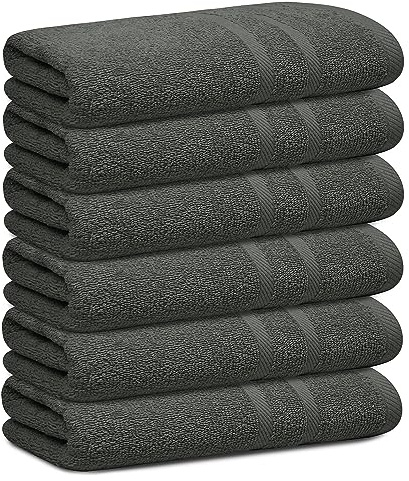 Looperry 6 Pack Small Bath Towel Set - 100% Cotton 23x46 Shower Towels in 450 GSM. Lightweight & Absorbent Quick Dry Gym Towel for Showering, Pet Drying, Spas & Salons (Charcoal Grey)